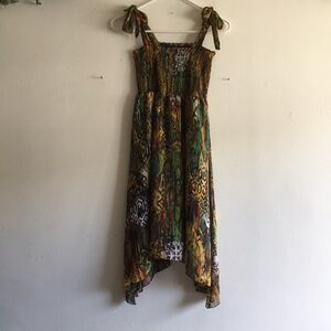 Allen B Sz 4 Green Brown Earth Tone Asymmetrical Smocked Sundress Straps